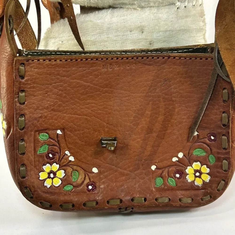 Hand Tooled Leather Saddle Purse Hand Painted Floral Western Shoulder Bag